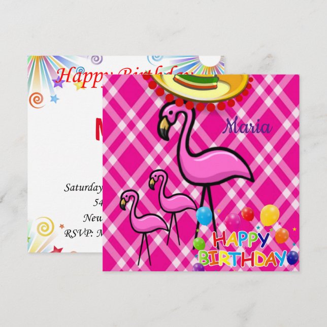 Happy Birthday Card Invitation Flamingo (Front/Back)