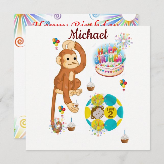 Happy Birthday Card Invitation Monkey Two Year Old (Front/Back)