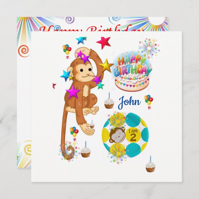 Happy Birthday Card Invitation Monkey Two Year Old (Front/Back)