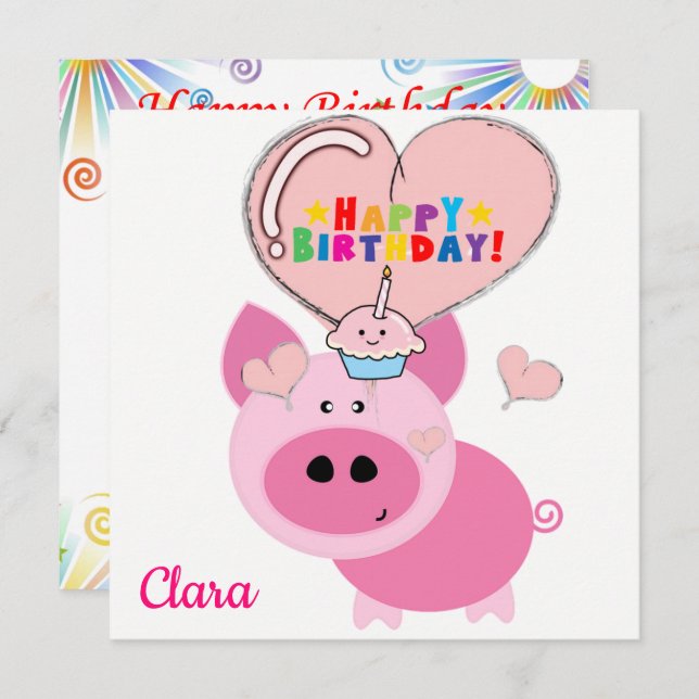 Happy Birthday Card Invitation Pink Pig (Front/Back)