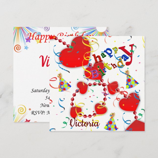 Happy Birthday Card Invitation Red Hearts (Front/Back)