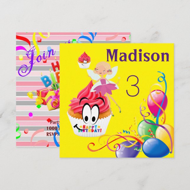 Happy Birthday Card Invitation Stripe FairyCupcake (Front/Back)