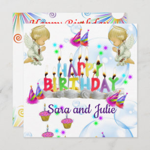 Happy Birthday Card Invitation Twin Angels
