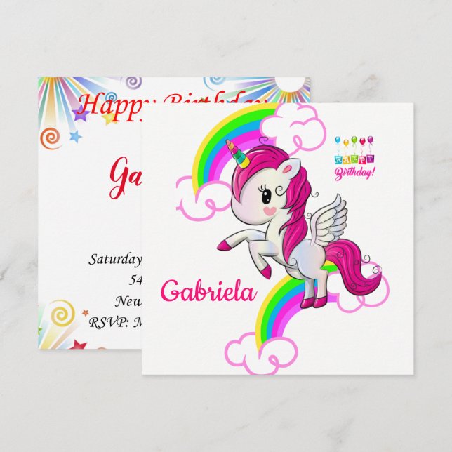 Happy Birthday Card Invitation Unicorn (Front/Back)