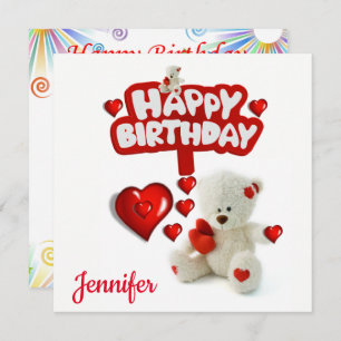 Happy Birthday Card Invitation White Teddy Bear