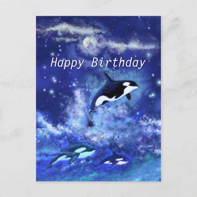 Happy Birthday Card Killer Whales on Full Moon (Front)