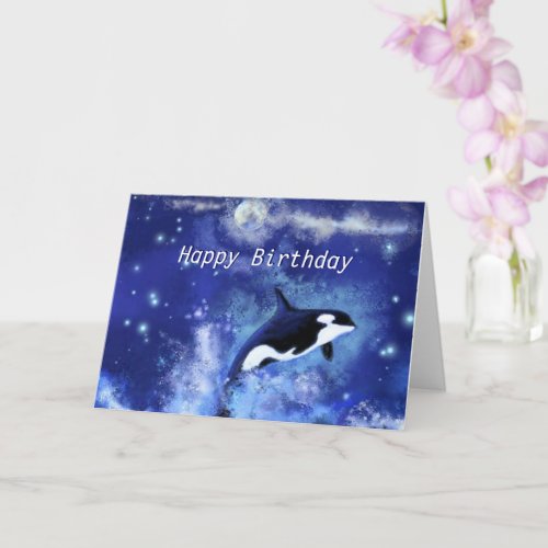 Happy Birthday Card Killer Whales on Full Moon