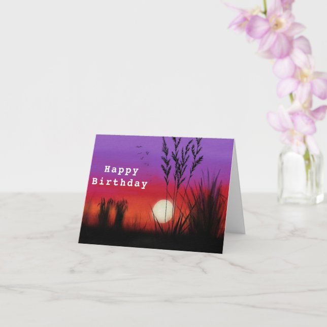 Happy Birthday Card Lake Sunset Night Landscape (Orchid)