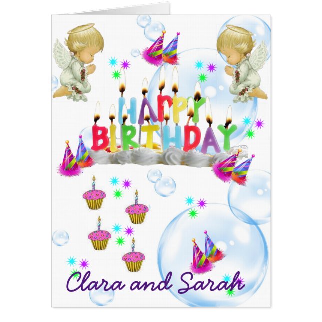 Happy Birthday Card, Large Birthday  Twin Angels Card (Front)