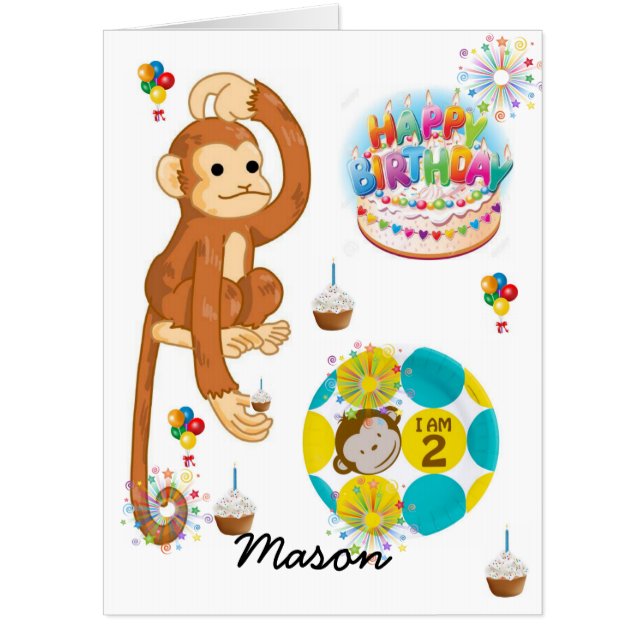 Happy Birthday Card, Large Two Year Old Monkey Card (Front)