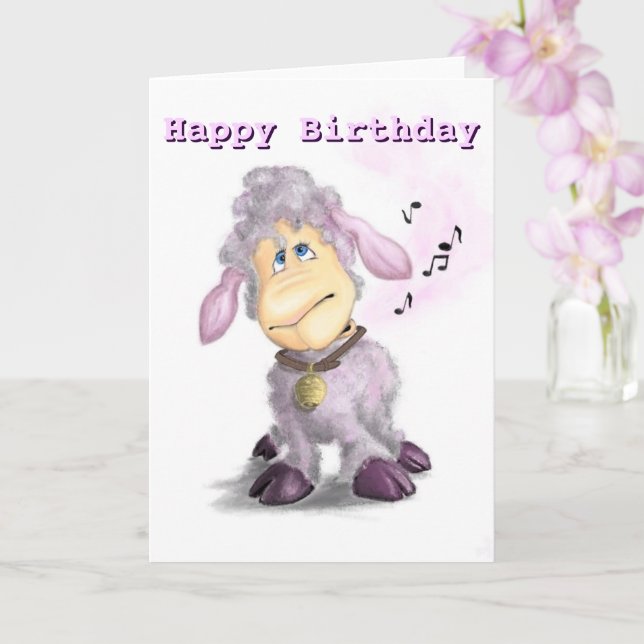 Happy Birthday Card Little Lamb with Bell (Orchid)