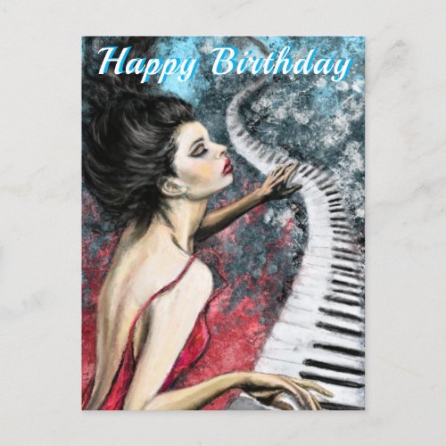 Happy Birthday Card Piano Music Lady in Red