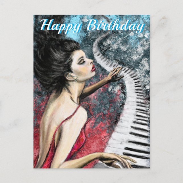 Happy Birthday Card Piano Music Lady in Red (Front)