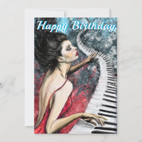 Happy Birthday Card Piano Music Lady in Red