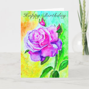 Happy Birthday Card Pink Rose Painting
