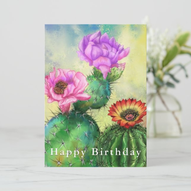 Happy Birthday Card Purple Pink Red Cactus (Standing Front)