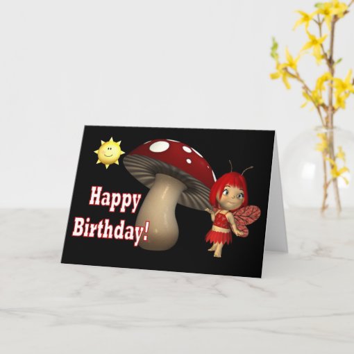 Happy Birthday Card Red Fairy mushroom with sun | Zazzle