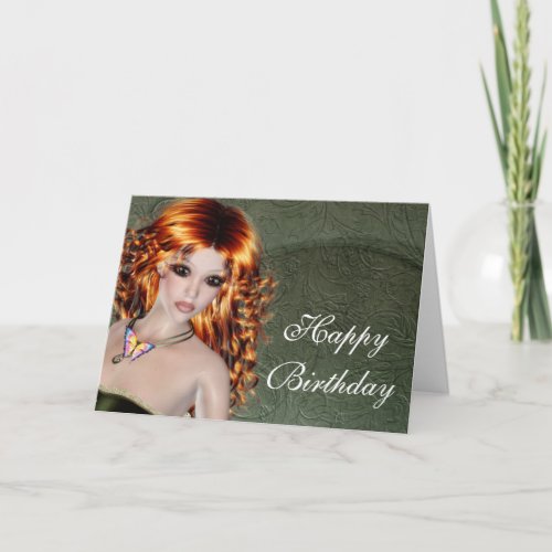 Happy Birthday Card _ Redhead Fantasy Woman 1