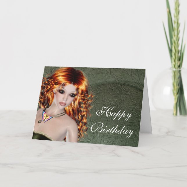 Happy Birthday Card - Redhead Fantasy Woman 1 (Front)