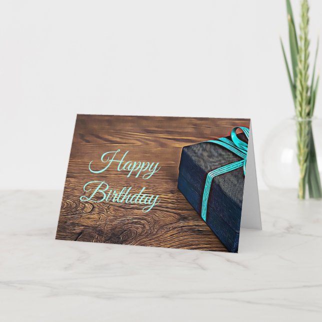 Happy Birthday Card Rustic Wood Black and Blue (Front)