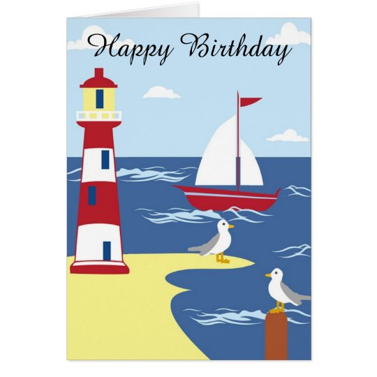 Happy Birthday Card Sailboat and Lighthouse | Zazzle.com