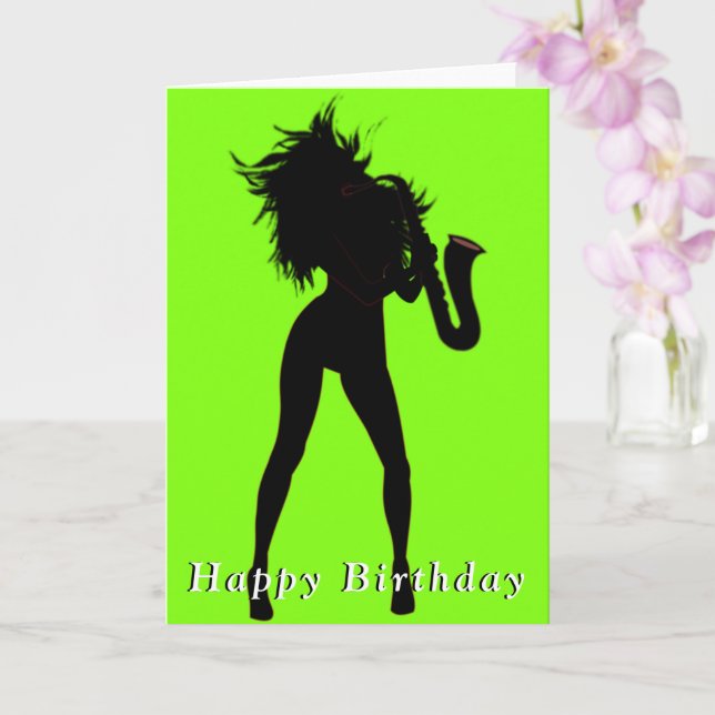 Happy Birthday Card Saxo Jazz Girl - Romantic (Orchid)