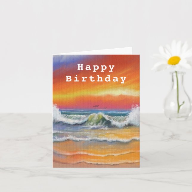 Happy Birthday Card Sea Sunset Painting (Small Plant)