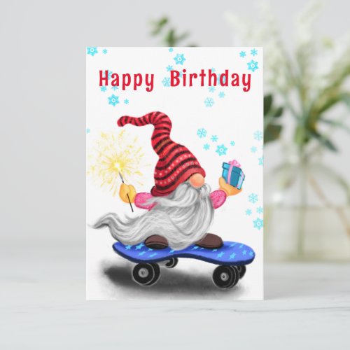 Happy Birthday Card Skater Gnome with Gifts