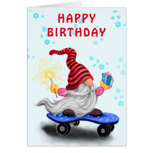 Happy Birthday Card Skater Gnome with Gifts