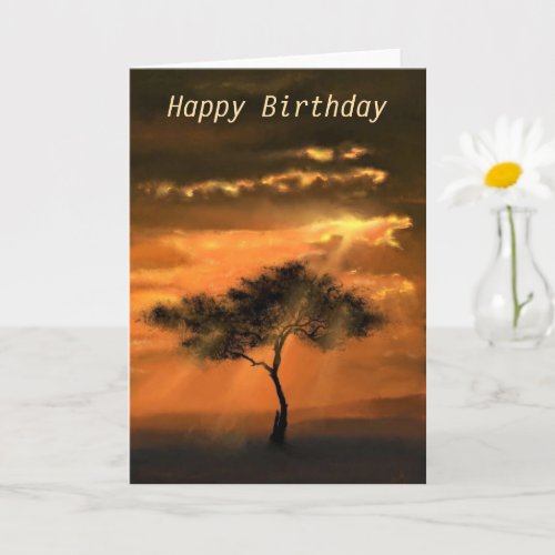 Happy Birthday Card Sunset Tree Sunbeams