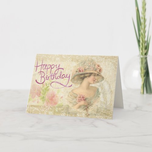 Happy Birthday card Vintage Edwardian Lady Romance