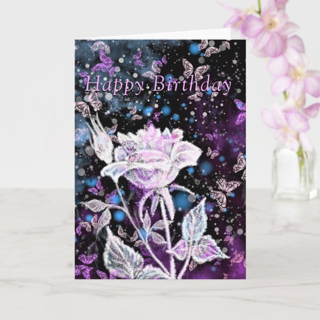 Happy Birthday Card Winter Rose and Butterflies (Orchid)