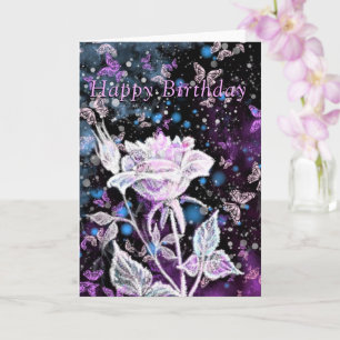 Happy Birthday Card Winter Rose and Butterflies