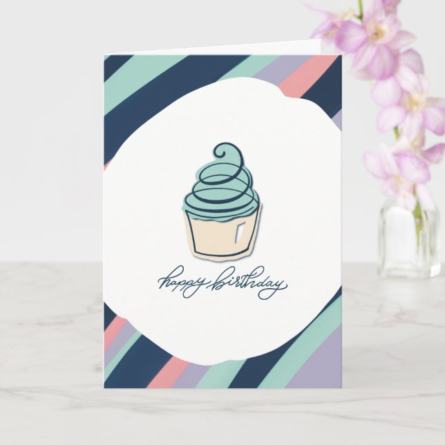 Happy Birthday Card with a Cupcake and Stripes (Orchid)