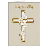 Happy birthday card with a gold cross and flowers (Front)