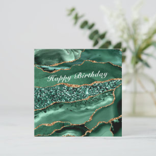 Happy Birthday Card with Agate Green Gold Marble