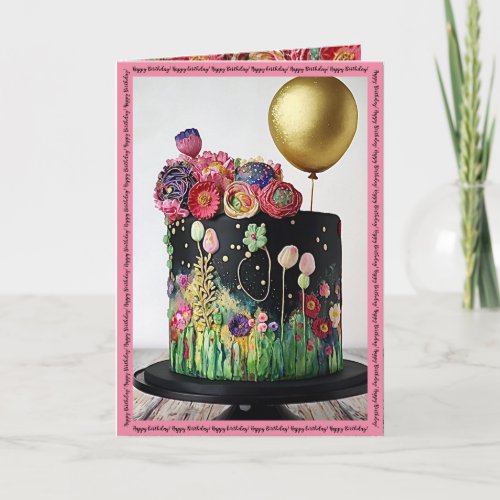 Happy Birthday card with art deco cake and balloon