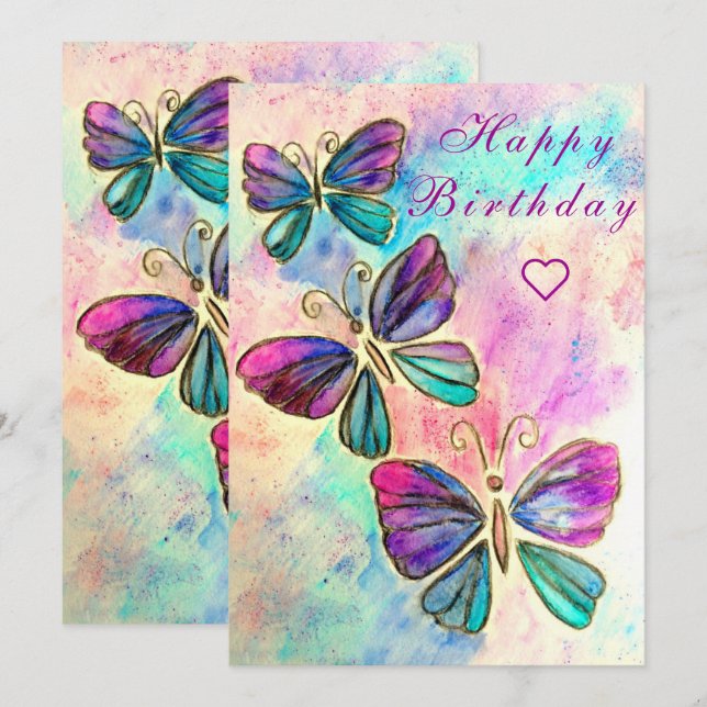 Happy Birthday Card with Colorful Butterflies (Front/Back)