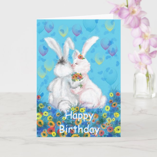 Happy Birthday Card with Cute Couple Bunny (Orchid)