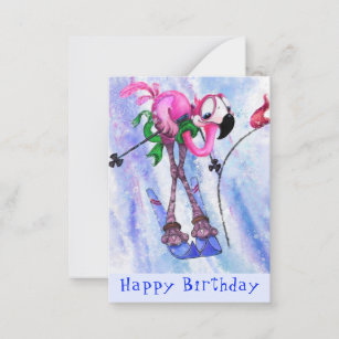 Happy Birthday Card with Funny Pink Flamingo Skier