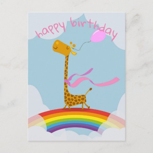 Happy Birthday card with giraffe on rainbow
