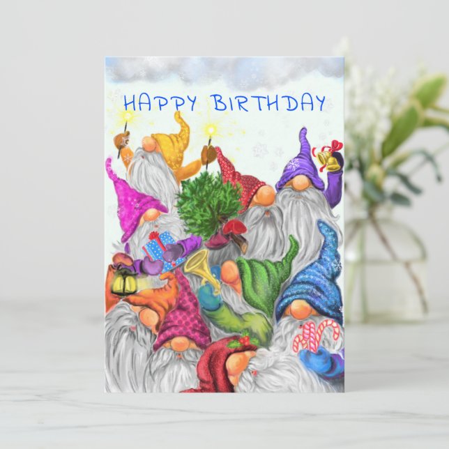 Happy Birthday Card with Gnome Party  (Standing Front)