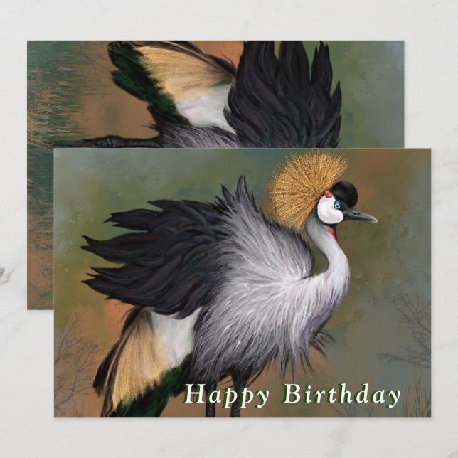 Happy Birthday Card with Gray Crowned Crane Bird (Front/Back)