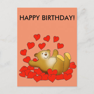 Happy Birthday card with love hearts and a bear