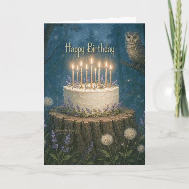 Happy Birthday card with magic forest and owl (Front)
