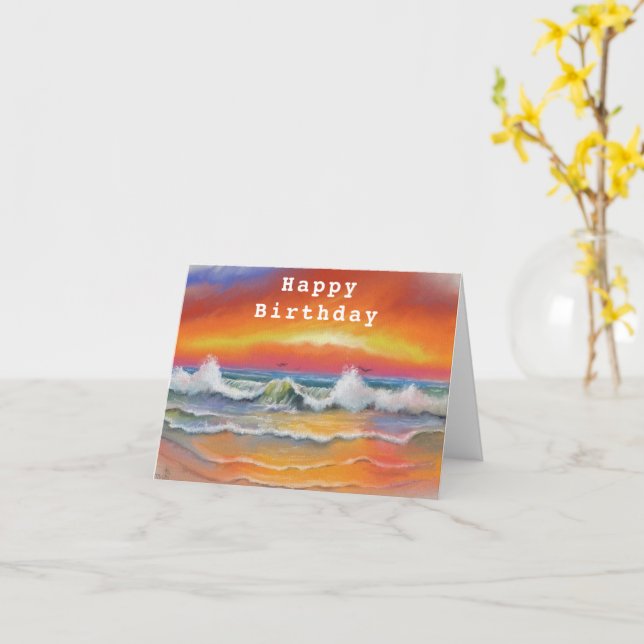 Happy Birthday Card with Sea Sunset - Painting (Yellow Flower)