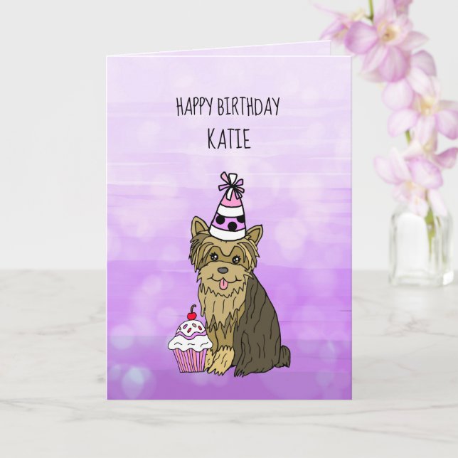 Happy Birthday Card with Yorkie and Cupcake (Orchid)