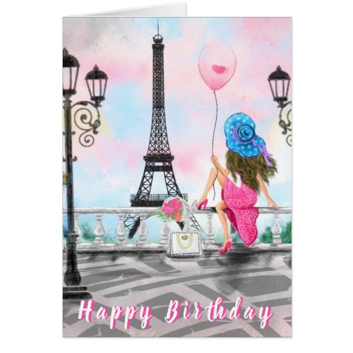 Happy Birthday Card Woman In Paris Eiffel Tower