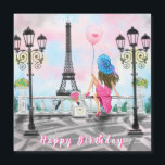 Happy Birthday Card Woman with Pink Heart Balloon<br><div class="desc">Happy Birthday - Pretty Woman and Pink Heart Balloon - I Love Paris - Eiffel Tower Romantic Drawing - Choose / Add Your Unique Text / Font / Color - Make Your Special Gift - Resize and move or remove and add elements - Image / text with customization tool !...</div>