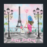 Happy Birthday Card Woman with Pink Heart Balloon<br><div class="desc">Happy Birthday - Pretty Woman and Pink Heart Balloon - I Love Paris - Eiffel Tower Romantic Drawing - Choose / Add Your Unique Text / Font / Color - Make Your Special Gift - Resize and move or remove and add elements - Image / text with customization tool !...</div>